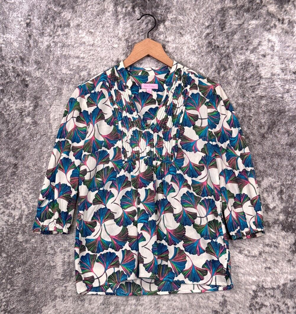 Lilly Pulitzer Blouse XS Womens Floral Textured Pleated 3/4 Sleeve Top